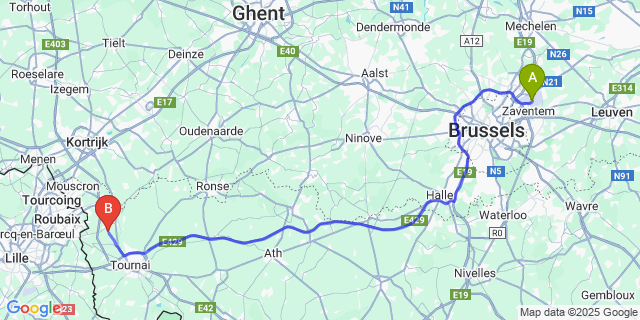 Map: Brussels Zaventem Airport (BRU) to Bailleul