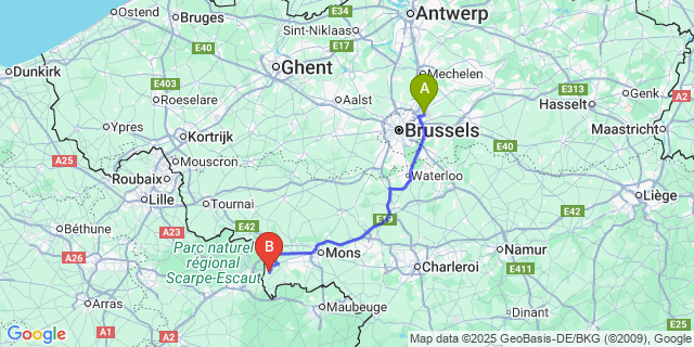 Map: Brussels Zaventem Airport (BRU) to Baisieux