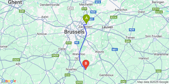 Map: Brussels Zaventem Airport (BRU) to Baisy-Thy