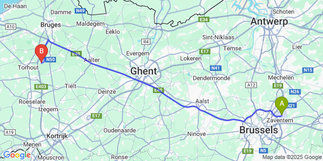 Map: Brussels Zaventem Airport (BRU) to Baliebrugge