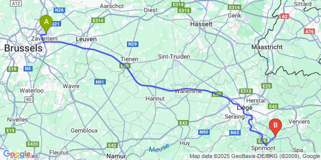 Map: Brussels Zaventem Airport (BRU) to Banneux