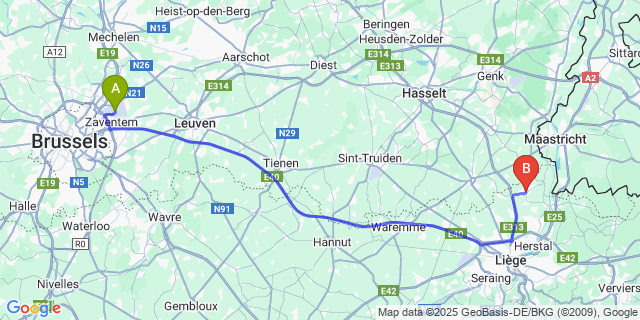 Map: Brussels Zaventem Airport (BRU) to Bassenge