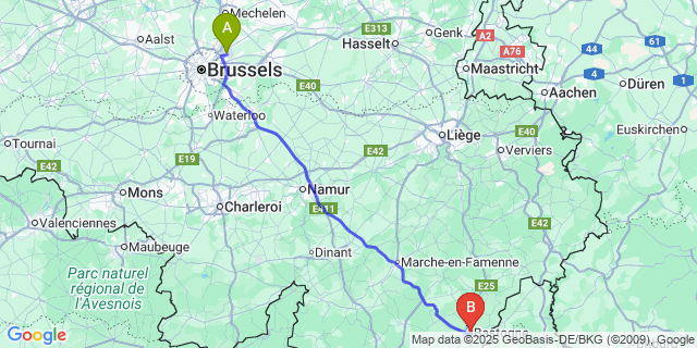 Map: Brussels Zaventem Airport (BRU) to Bastogne