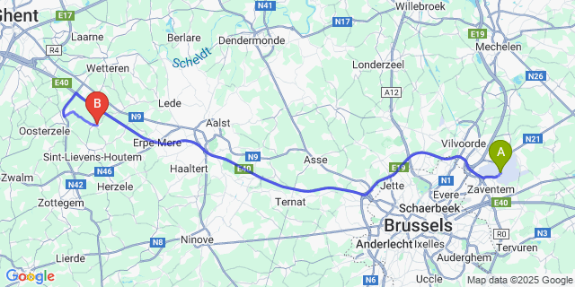 Map: Brussels Zaventem Airport (BRU) to Bavegem