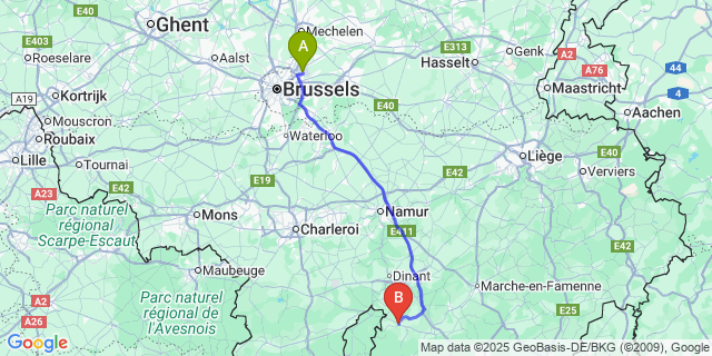 Map: Brussels Zaventem Airport (BRU) to Beauraing