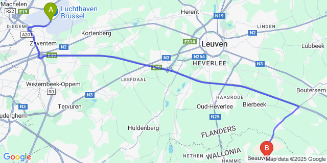 Map: Brussels Zaventem Airport (BRU) to Beauvechain