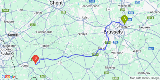 Map: Brussels Zaventem Airport (BRU) to Béclers