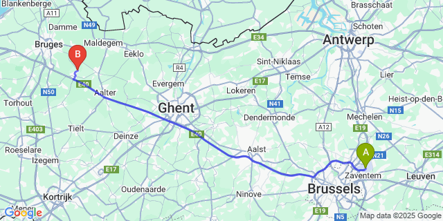 Map: Brussels Zaventem Airport (BRU) to Beernem