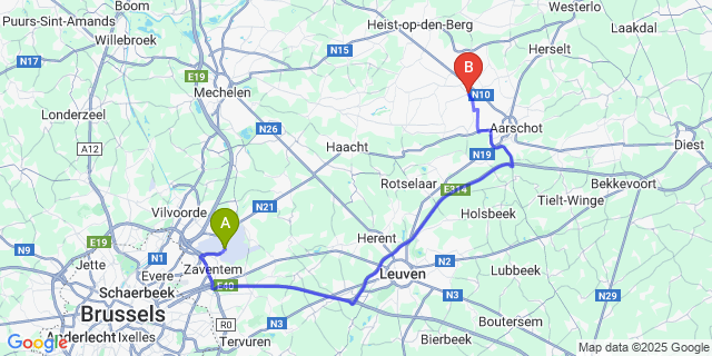 Map: Brussels Zaventem Airport (BRU) to Begijnendijk