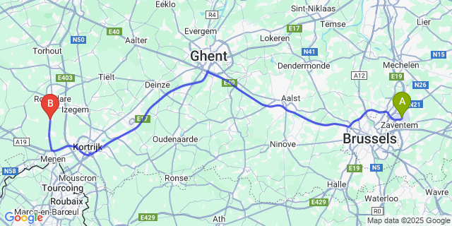 Map: Brussels Zaventem Airport (BRU) to Beitem