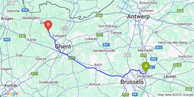 Map: Brussels Zaventem Airport (BRU) to Beke