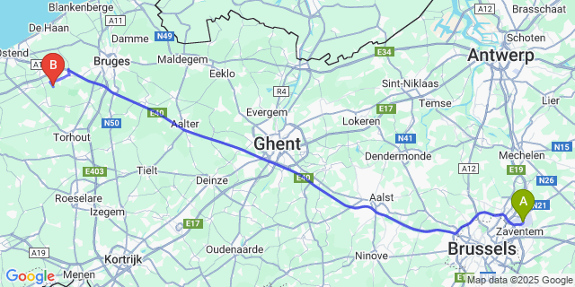 Map: Brussels Zaventem Airport (BRU) to Bekegem