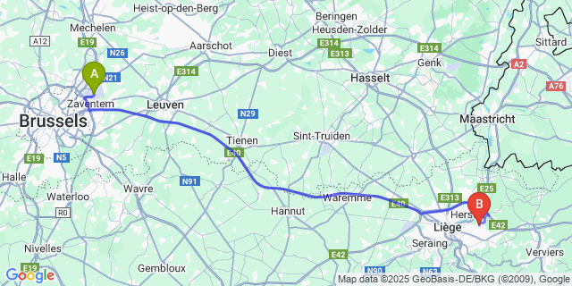 Map: Brussels Zaventem Airport (BRU) to Bellaire