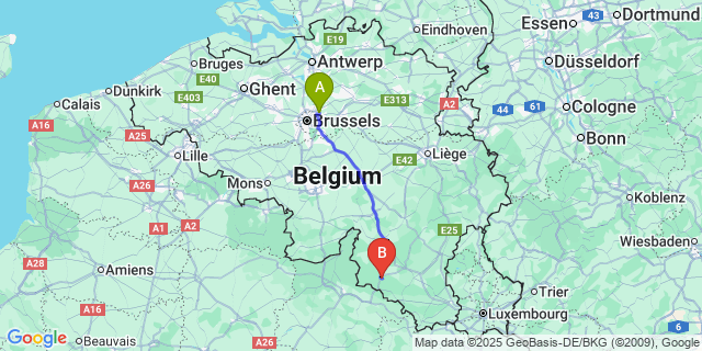 Map: Brussels Zaventem Airport (BRU) to Bellevaux
