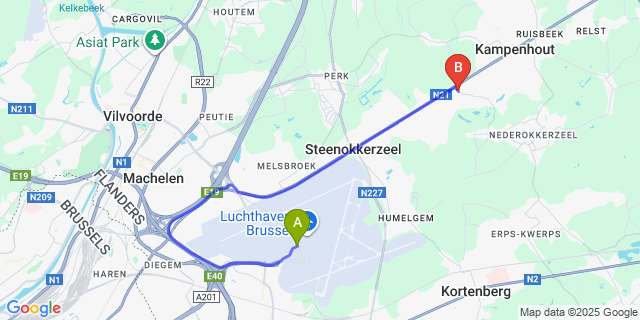 Map: Brussels Zaventem Airport (BRU) to Berg