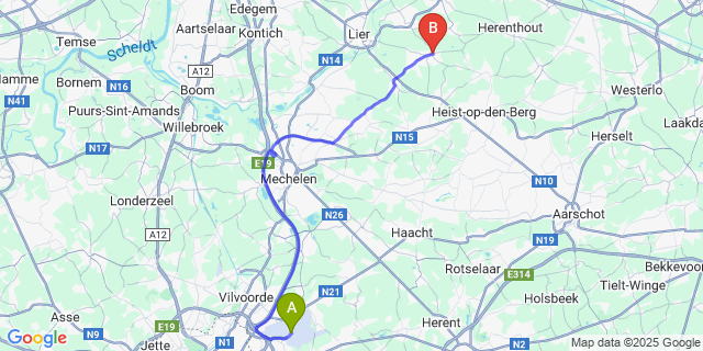 Map: Brussels Zaventem Airport (BRU) to Berlaar