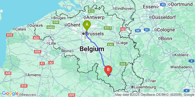 Map: Brussels Zaventem Airport (BRU) to Bertrix
