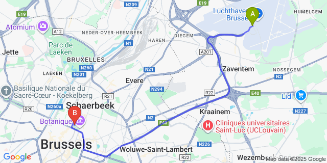 Map: Brussels Zaventem Airport (BRU) to Best Western City Centre, Brussels
