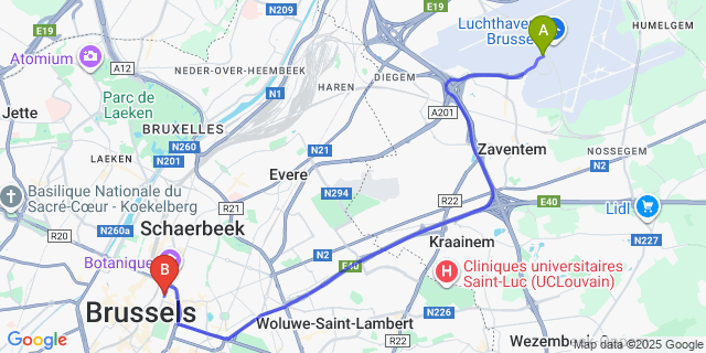 Map: Brussels Zaventem Airport (BRU) to Best Western Royal Centre, Brussels