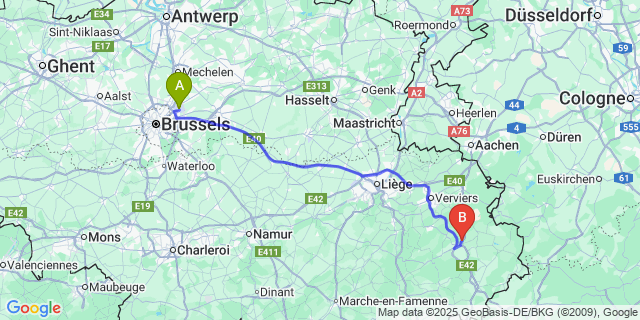 Map: Brussels Zaventem Airport (BRU) to Bévercé