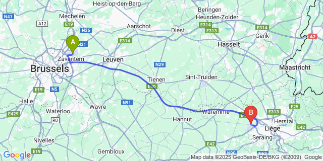 Map: Brussels Zaventem Airport (BRU) to Bierset