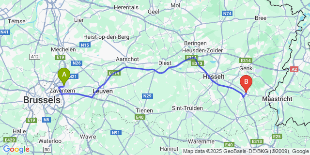 Map: Brussels Zaventem Airport (BRU) to Blizen