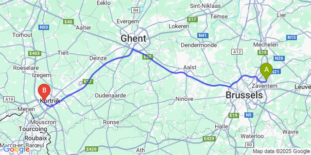 Map: Brussels Zaventem Airport (BRU) to Bissegem
