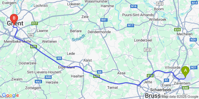 Map: Brussels Zaventem Airport (BRU) to Blandijnberg