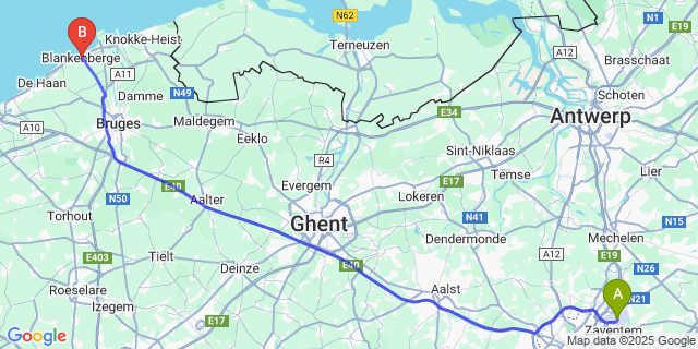 Map: Brussels Zaventem Airport (BRU) to Blankenberge