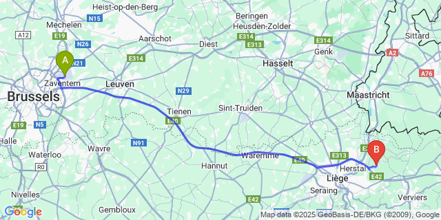 Map: Brussels Zaventem Airport (BRU) to Blégny