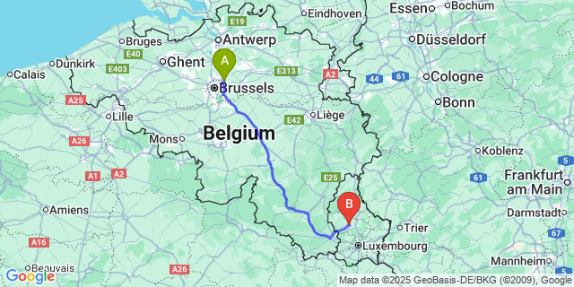 Map: Brussels Zaventem Airport (BRU) to Boevange-sur-Attert