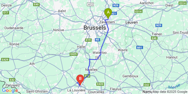 Map: Brussels Zaventem Airport (BRU) to Bois-d’Haine