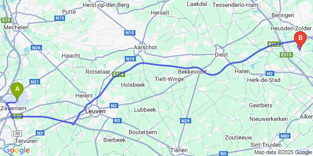 Map: Brussels Zaventem Airport (BRU) to Bolderberg