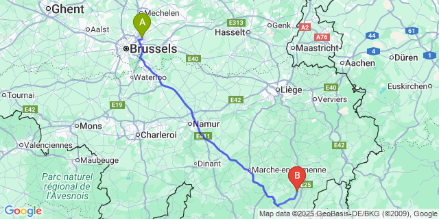 Map: Brussels Zaventem Airport (BRU) to Bonnerue