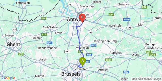 Map: Brussels Zaventem Airport (BRU) to Borsbeek