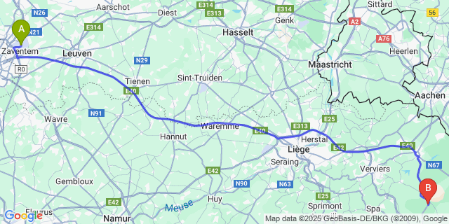 Map: Brussels Zaventem Airport (BRU) to Botrange