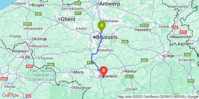 Map: Brussels Zaventem Airport (BRU) to Bouffioulx