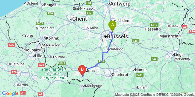 Map: Brussels Zaventem Airport (BRU) to Bougnies
