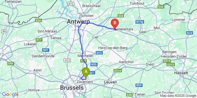 Map: Brussels Zaventem Airport (BRU) to Bouwel