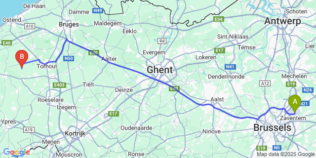Map: Brussels Zaventem Airport (BRU) to Bovekerke