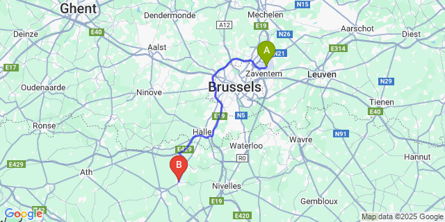Map: Brussels Zaventem Airport (BRU) to Braine-le-Comte