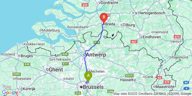 Map: Brussels Zaventem Airport (BRU) to Breda
