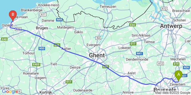 Map: Brussels Zaventem Airport (BRU) to Bredene