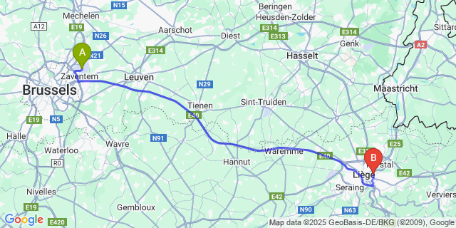 Map: Brussels Zaventem Airport (BRU) to Bressoux