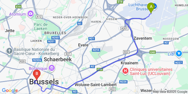 Map: Brussels Zaventem Airport (BRU) to Brussels Marriott Hotel Grand Place, Brussels