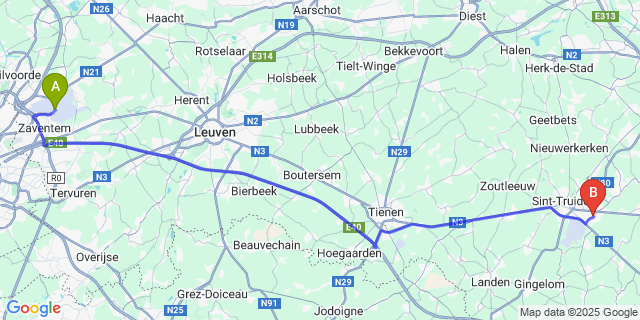 Map: Brussels Zaventem Airport (BRU) to Brustem