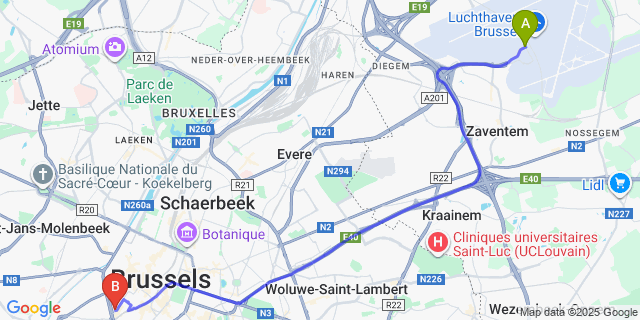 Map: Brussels Zaventem Airport (BRU) to Brxxl 5, Brussels