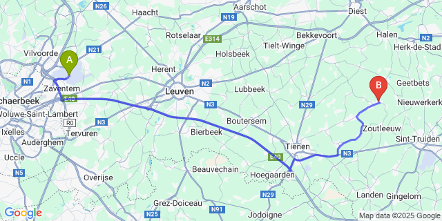 Map: Brussels Zaventem Airport (BRU) to Budingen
