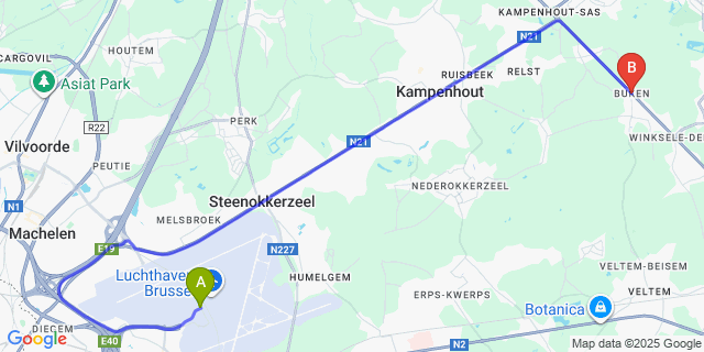 Map: Brussels Zaventem Airport (BRU) to Buken