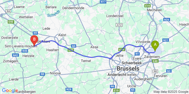 Map: Brussels Zaventem Airport (BRU) to Burst